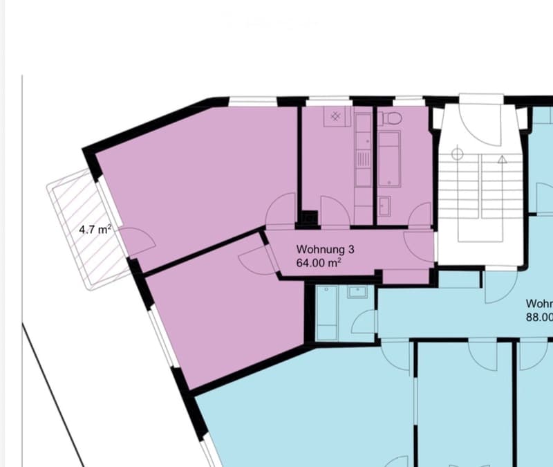 Floor plan showing three residential units with labeled areas and square meter measurements.
