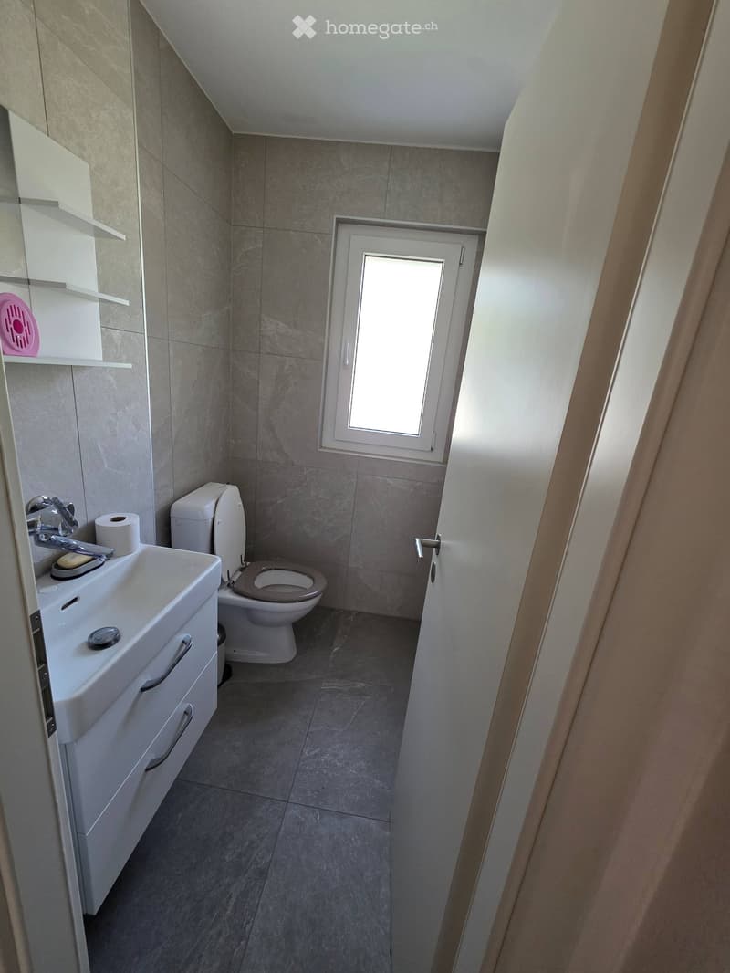 Modern bathroom with a white sink, toilet, and a small window. Includes a shelf with a pink item and a soap dispenser.