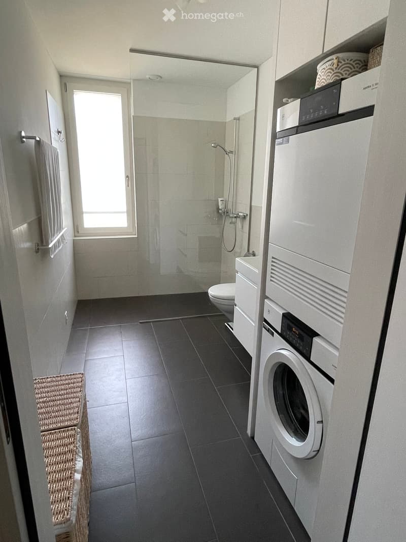 Modern bathroom with a shower, toilet, washing machine, and a wicker basket on the floor.
