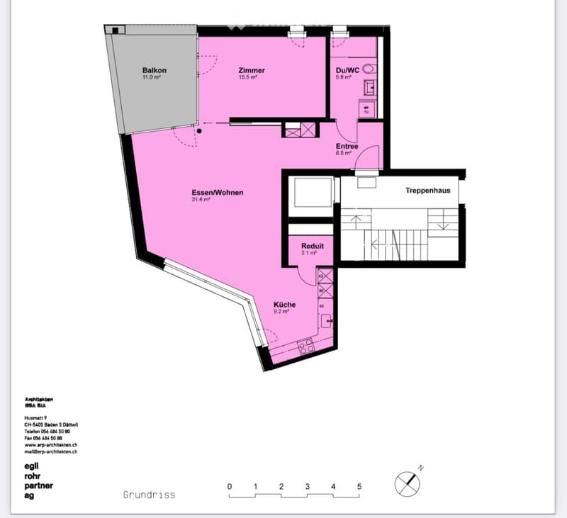 Floor plan showing a living/dining area, kitchen, bedroom, bathroom, entrance, staircase, and balcony.