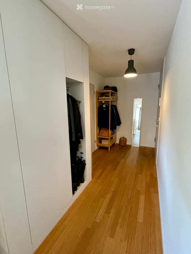 A narrow hallway with light wooden flooring, white walls, and built-in storage on one side. A small wooden shelf with coats and hats is visible, along with a hanging light fixture and a mirror at the end.