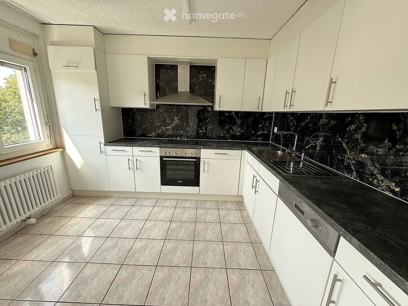 Modern kitchen with white cabinets, black countertops, and a stainless steel sink. Features include a built-in oven, a radiator, and a large window with a view of greenery.