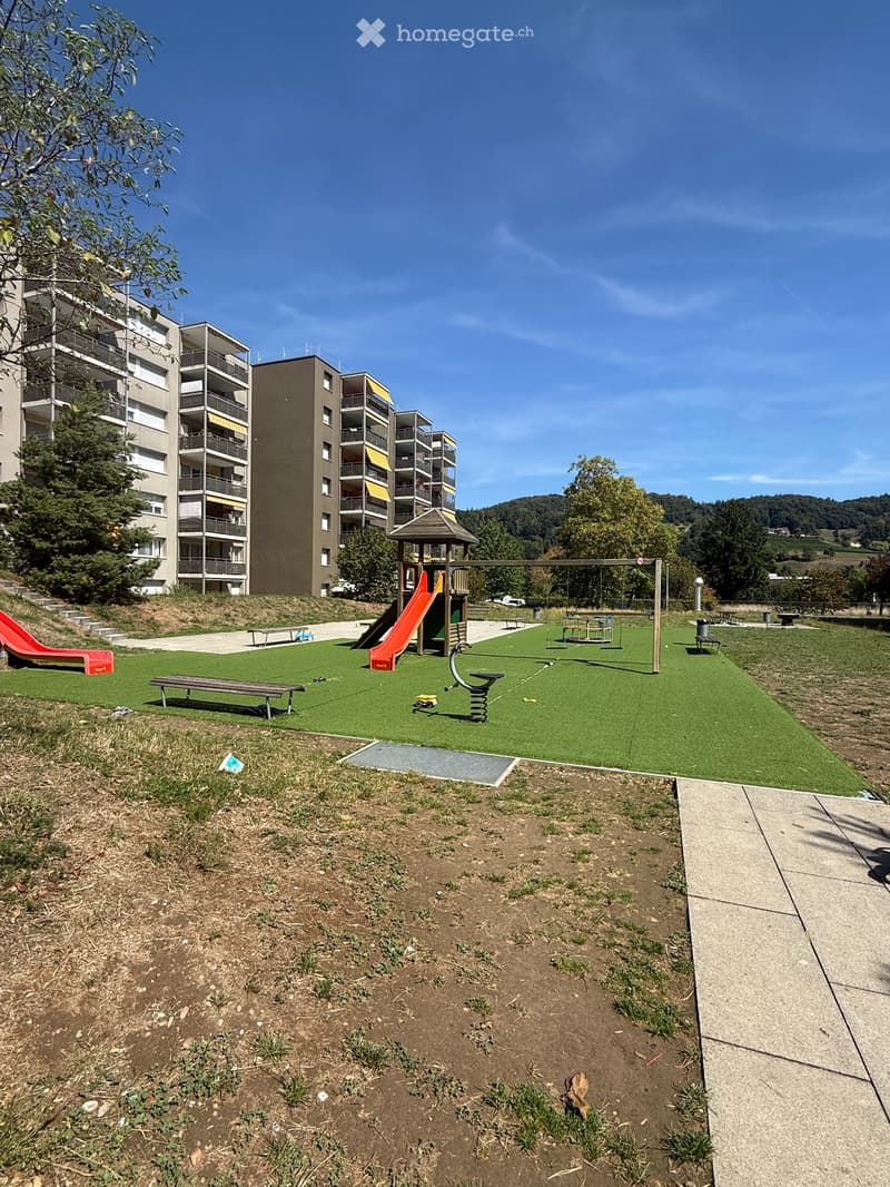 Playground area with artificial grass, slides, swings, benches, and surrounding residential buildings.