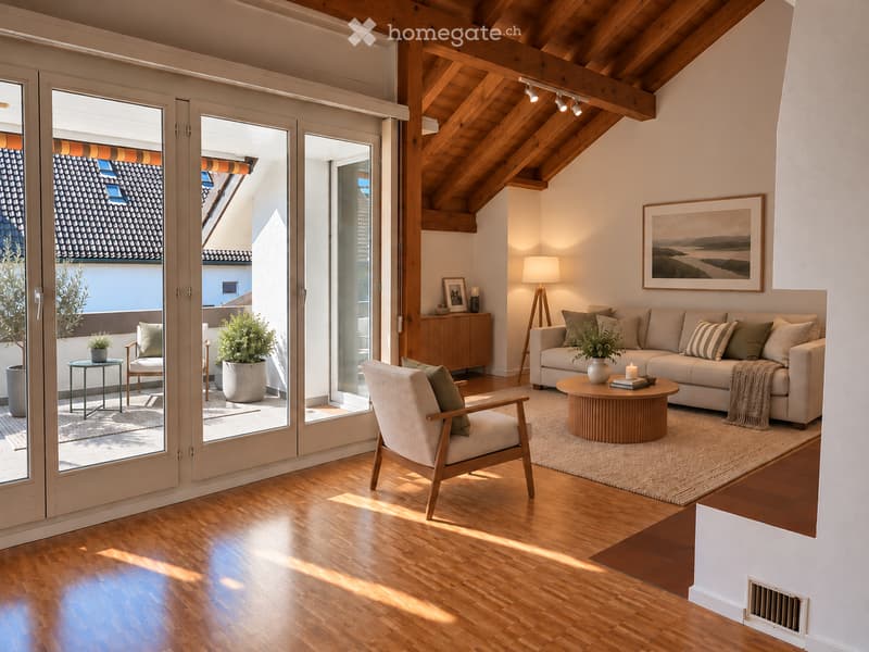 Bright living room with wooden floors, exposed wooden beams, large glass doors opening to a balcony, sofa, coffee table, armchair, side table, floor lamp, and decorative plants.