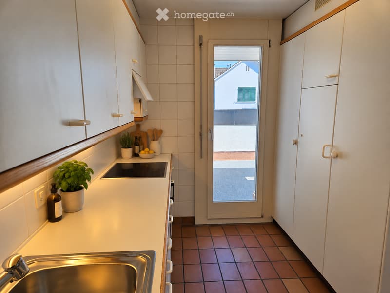 Modern kitchen with white cabinets, tiled walls, and a sliding glass door leading to a balcony. Features include a stainless steel sink, induction cooktop, countertop with potted plants, and decorative items.
