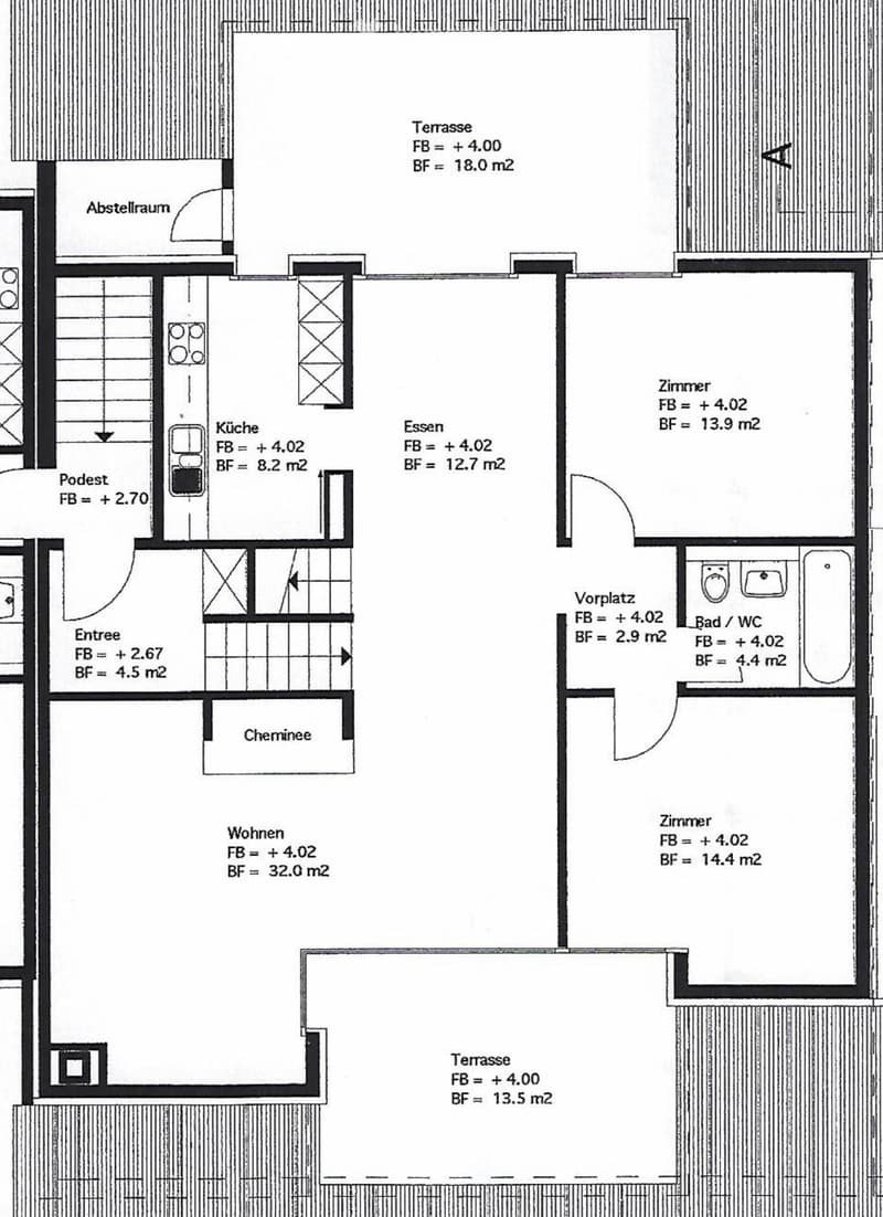 Floor plan showing a living area, kitchen, dining area, two bedrooms, bathroom, hallway, storage room, and a terrace.