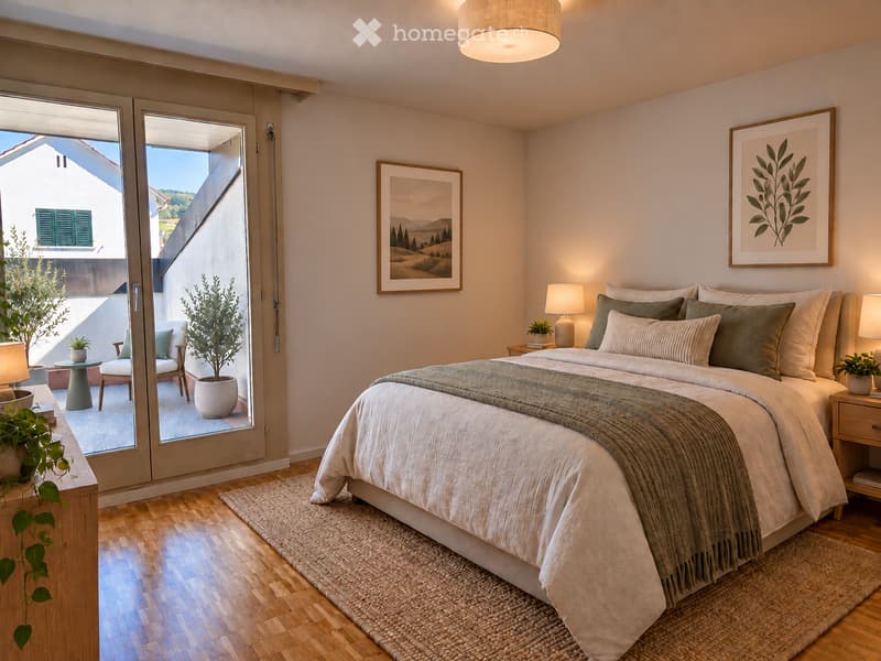 Cozy bedroom with a large bed, nightstands, lamps, and a view through large glass doors to a balcony area with chairs and plants.