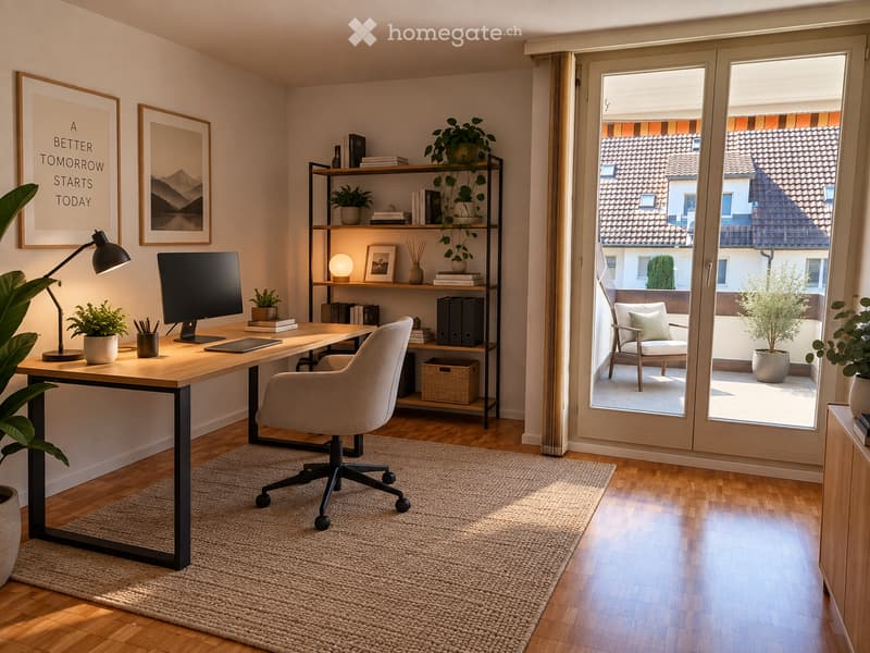 Modern, well-lit home office with a wooden desk, ergonomic chair, floor lamp, and large window with a view of the city.