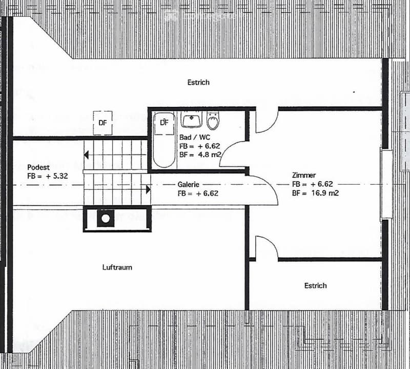 Floor plan showing a room layout with a gallery, bathroom, and living space. Includes labeled areas such as 'Bad / WC', 'Galerie', and 'Lufraum'.