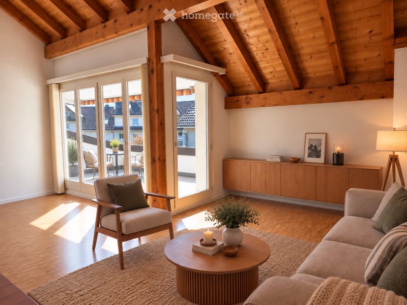 Modern living room with wooden beams, large windows, and a balcony. Features a sofa, armchair, coffee table, and a wooden cabinet with decorative items.