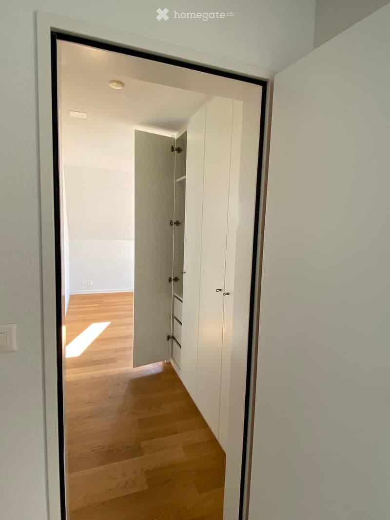 A narrow hallway with light wooden flooring, white walls, and several doors leading to other rooms.