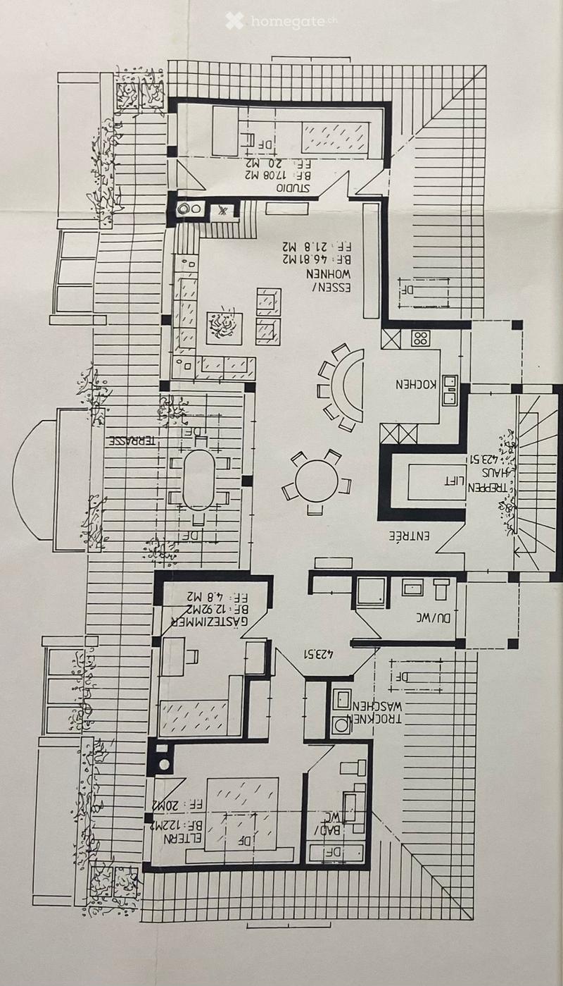 Floor plan of a multi-room residential space including a living room, dining room, kitchen, bedrooms, bathrooms, and a balcony.
