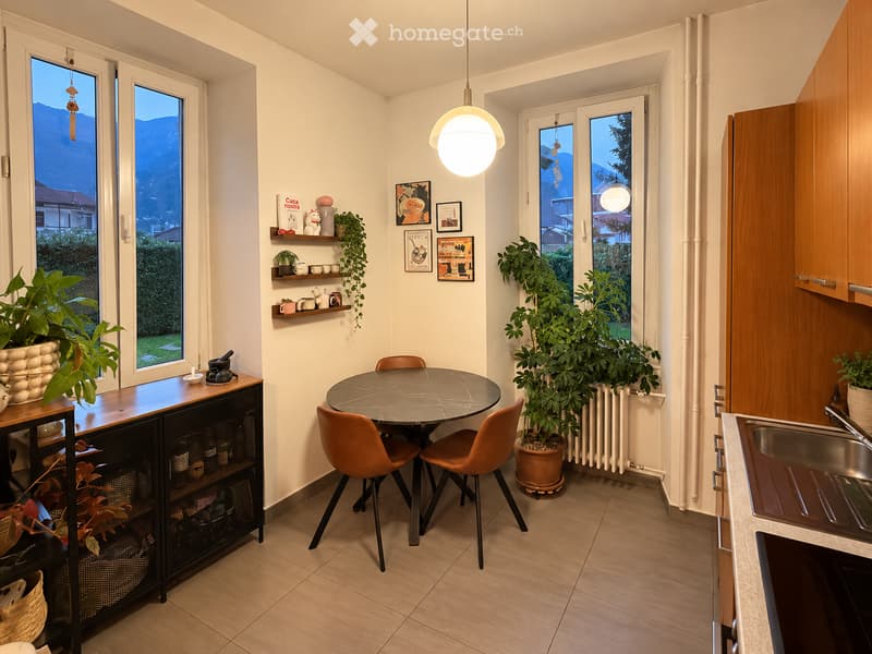 A modern, compact kitchen and dining area with a round dining table, four chairs, a sink, and shelves with decorative items and plants. The space features large windows with a scenic mountain view.