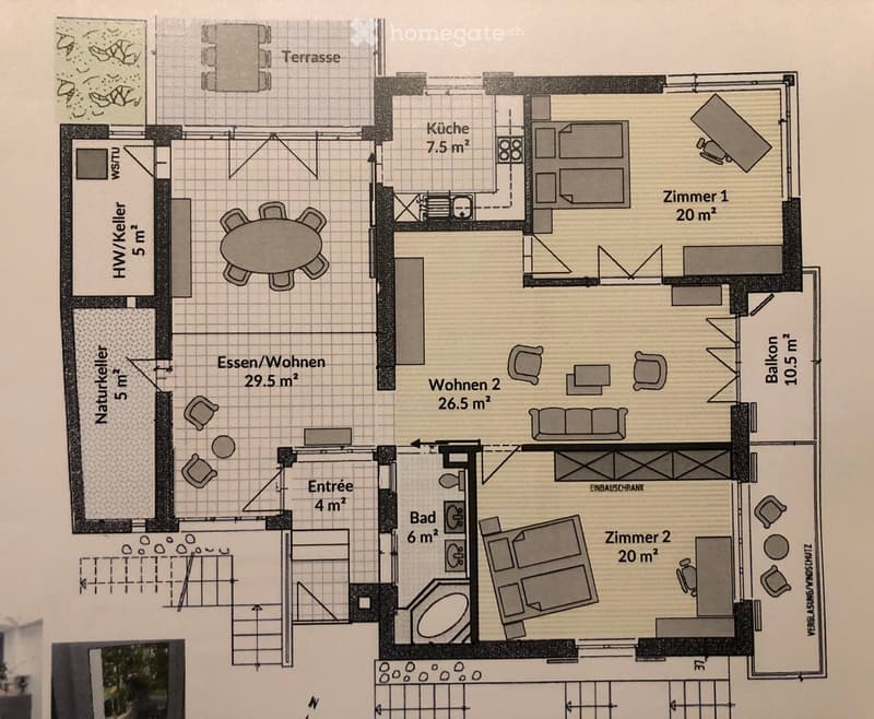 Floor plan showing a multi-room layout including a kitchen, living/dining area, two bedrooms, a bathroom, entrance, and a balcony.