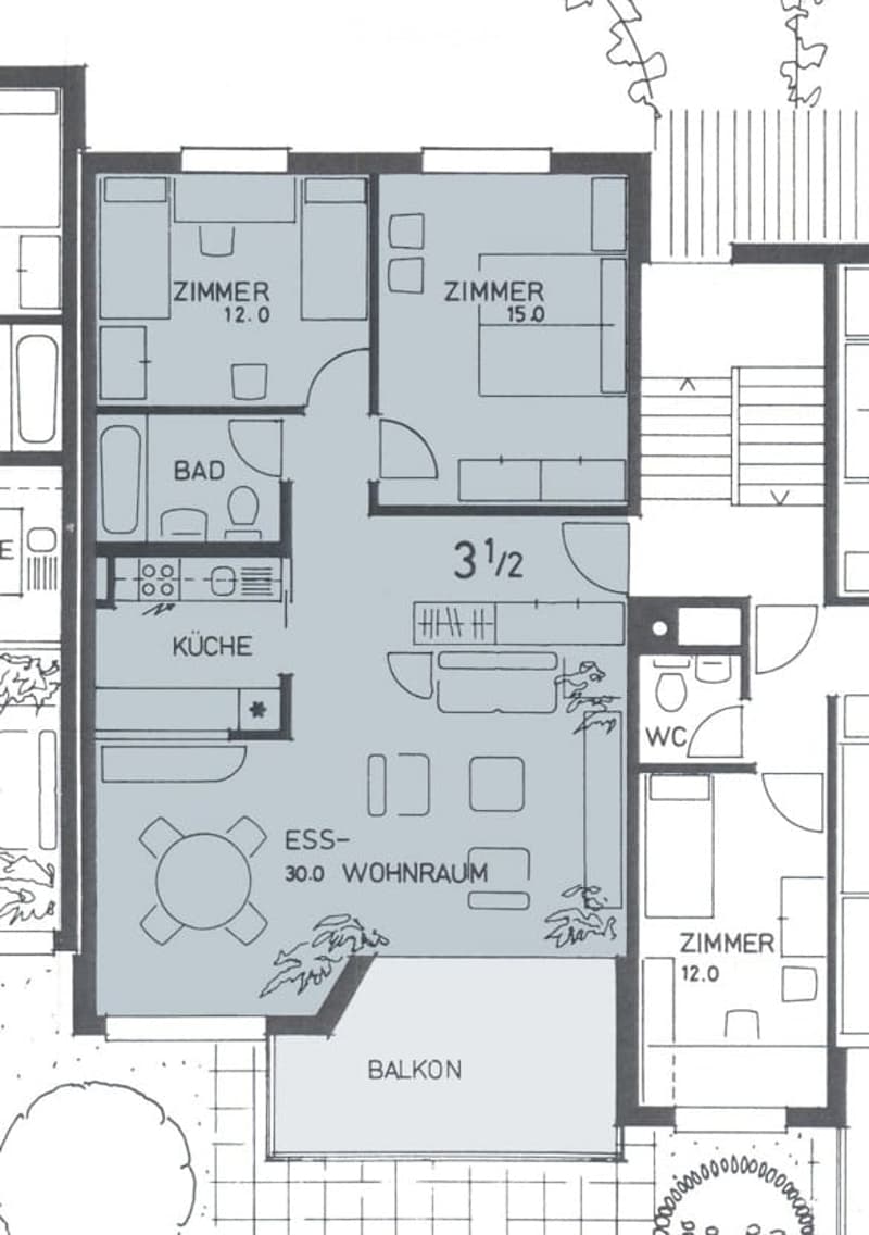 Floor plan showing a 3.5-room apartment with a living room, kitchen, two bedrooms, bathroom, and balcony.
