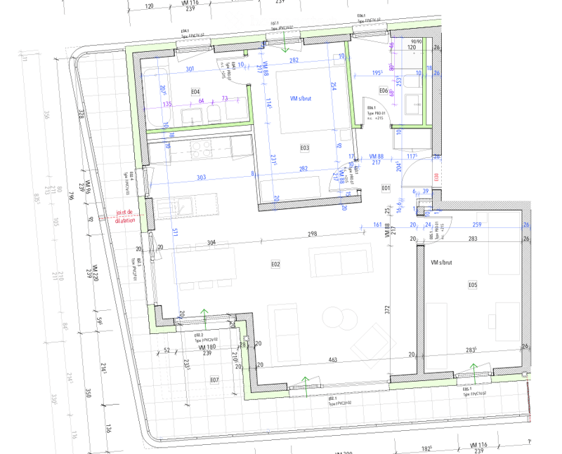 Floor plan of a multi-story building with labeled rooms, dimensions, and structural details. Includes various labeled areas such as E01, E02, E03, E04, E05, E06, E07, and VM areas.