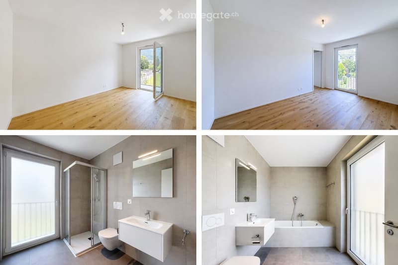 Modern bathrooms with white fixtures, large mirrors, and glass shower enclosures. Both bathrooms feature sleek designs with contemporary finishes and ample natural light from large windows.