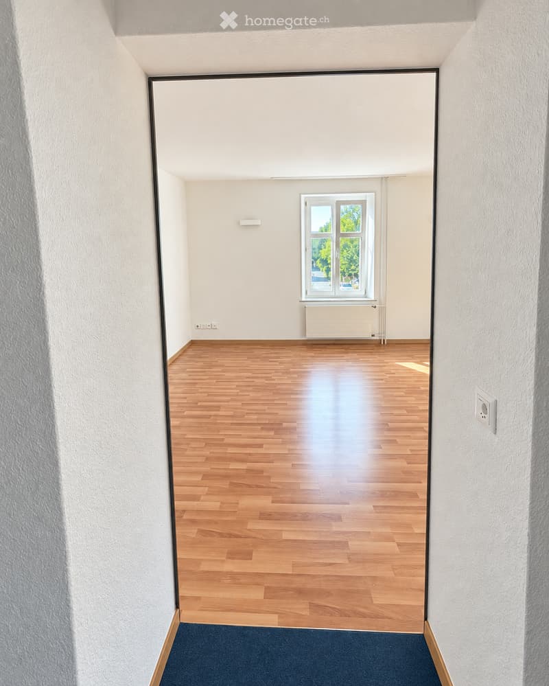 Empty room with wooden flooring, white walls, and a window with a radiator below it. The room is completely unfurnished.