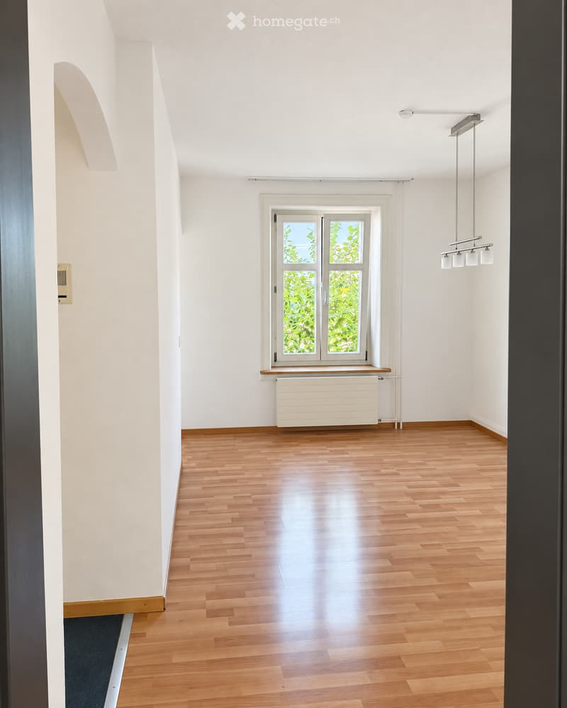 Empty room with wooden flooring, white walls, and a large window with a radiator below. A modern pendant light fixture hangs from the ceiling.
