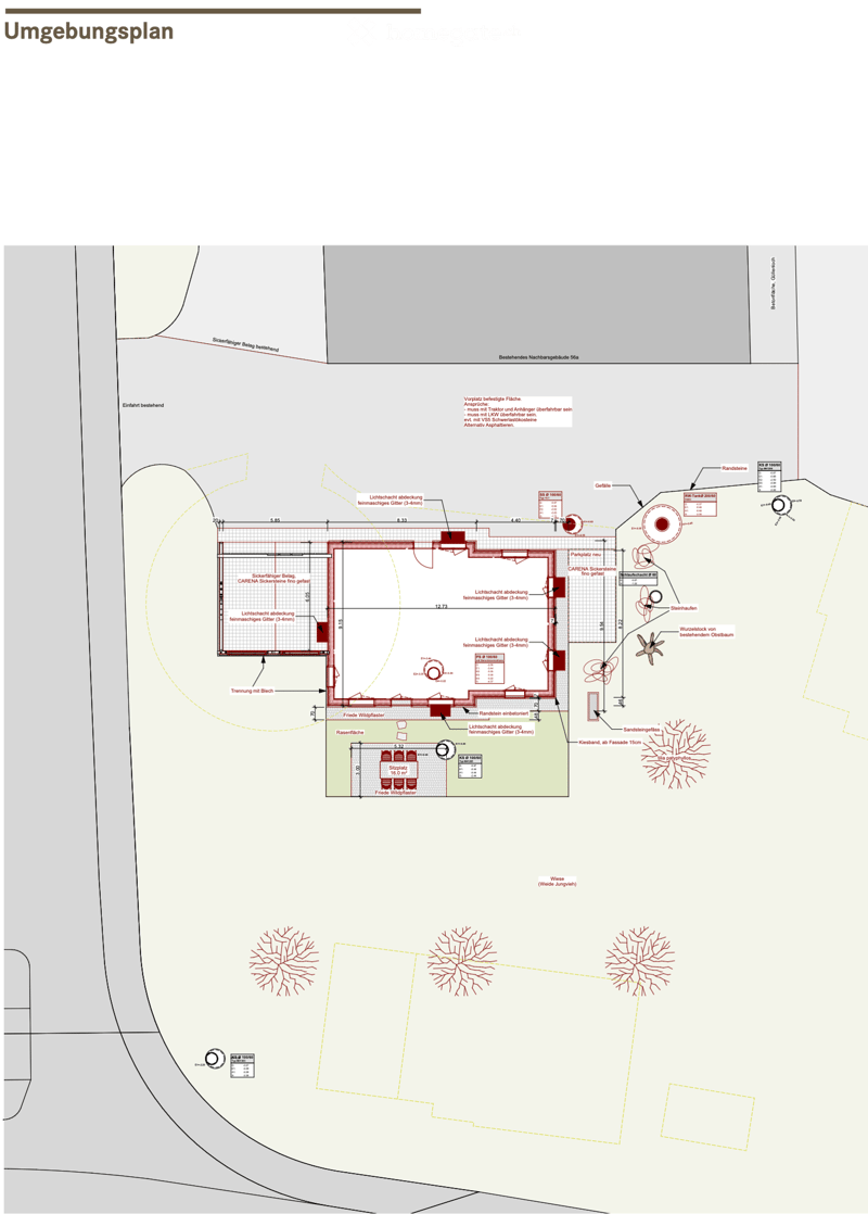 Floor plan showing a residential area with labeled sections including parking, residential buildings, and surrounding land features.