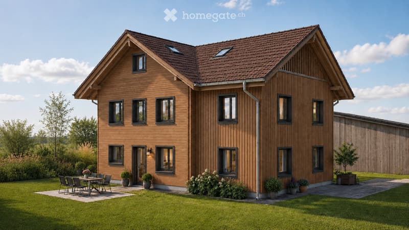 Modern two-story wooden house with a brown tiled roof, multiple windows, and a well-maintained lawn with outdoor seating and potted plants.