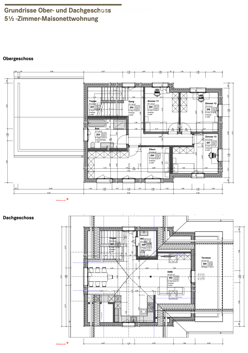 Floor plan of a 5.5-room maisonette apartment showing the upper and attic floors. The upper floor includes living areas, bedrooms, and a bathroom, while the attic floor features additional rooms, a terrace, and a WC.