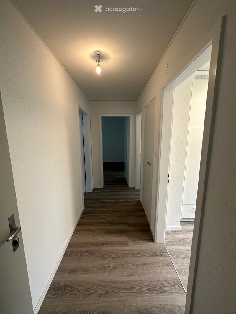 Empty hallway with wooden flooring, white walls, and several doors leading to other rooms.