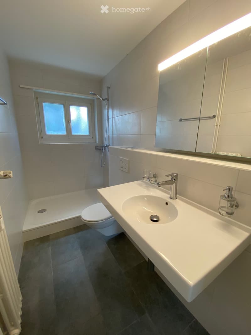 Modern bathroom with a white sink, chrome faucet, toilet, bathtub, large mirror, and a small window above the bathtub.