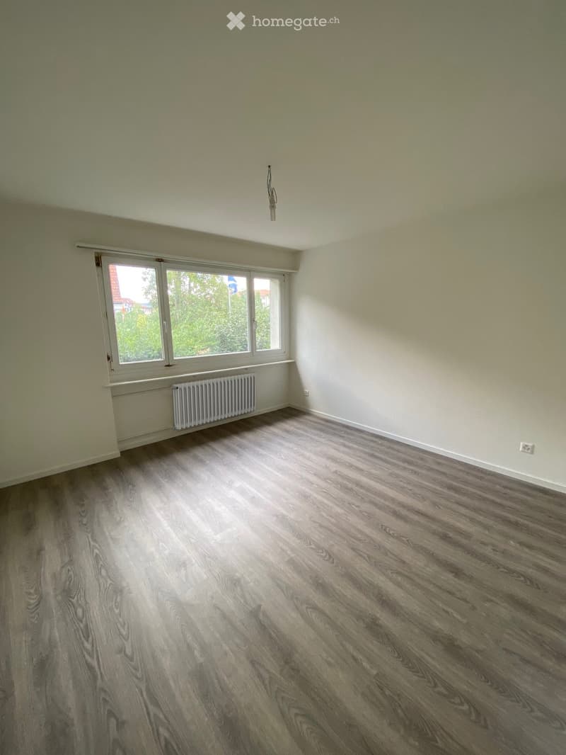 Empty room with wooden flooring, white walls, large window with view of greenery, radiator, and a light fixture on the ceiling.