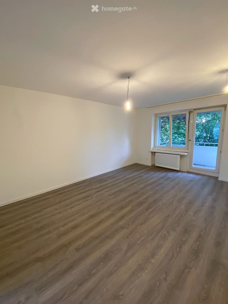Empty room with wooden flooring, white walls, and a large window with a sliding door leading outside. A radiator is visible under the window, and a single pendant light hangs from the ceiling.
