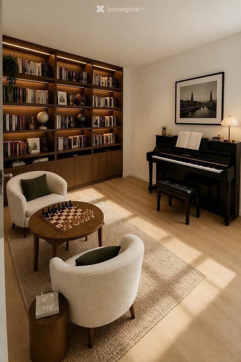 A modern, well-furnished room with a round wooden table, two white armchairs, a grand piano, a bookshelf, and a lamp. The room features a chessboard on the table and a picture frame on the wall.