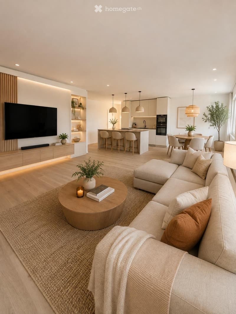 Modern open-plan living and dining area with a sectional sofa, coffee table, kitchen island, dining table, and pendant lights.