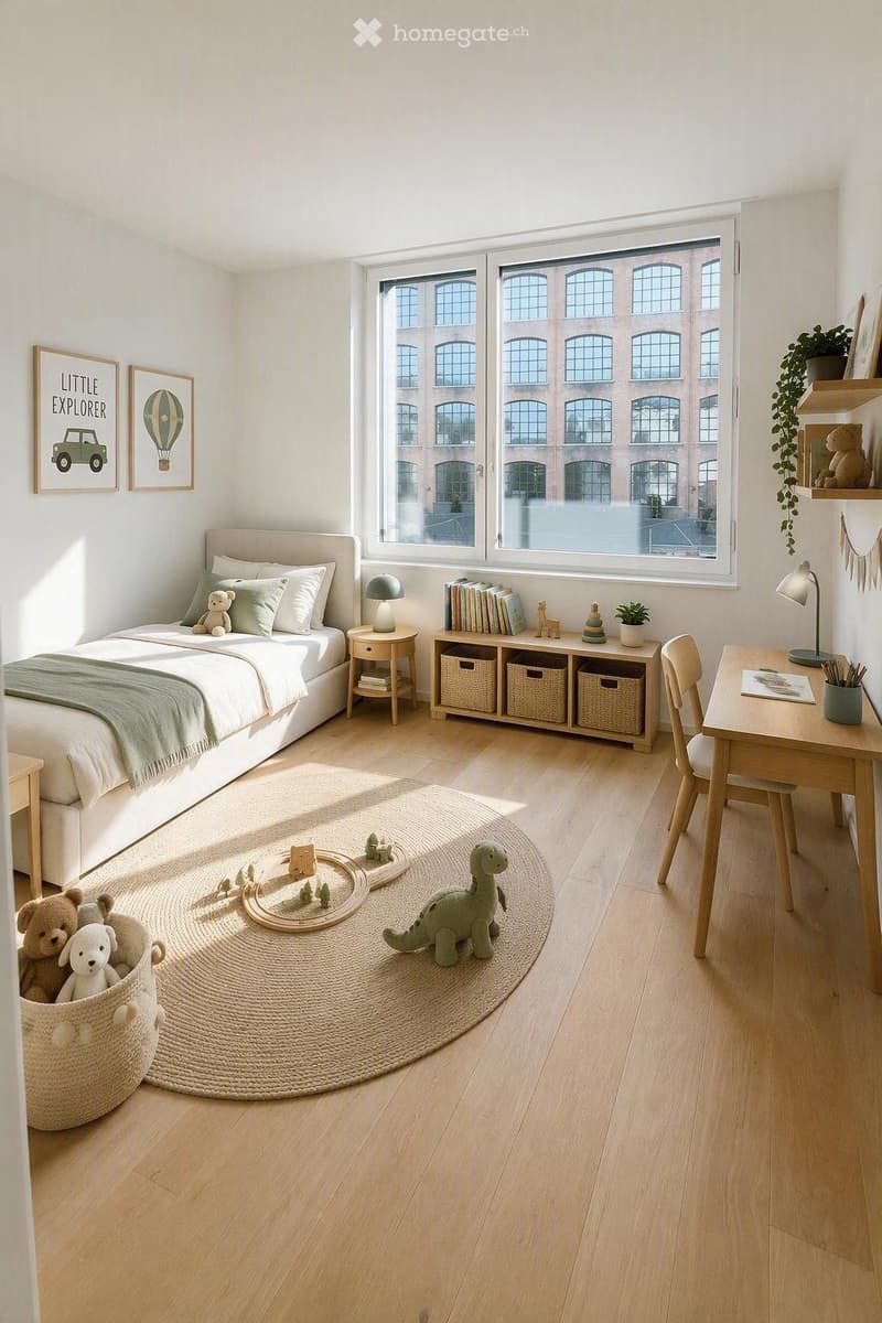 Bright, modern children's bedroom with a large window, a bed with pillows and blankets, a nightstand with a lamp, a bookshelf with books and toys, a desk with a chair, and a round rug with toys.