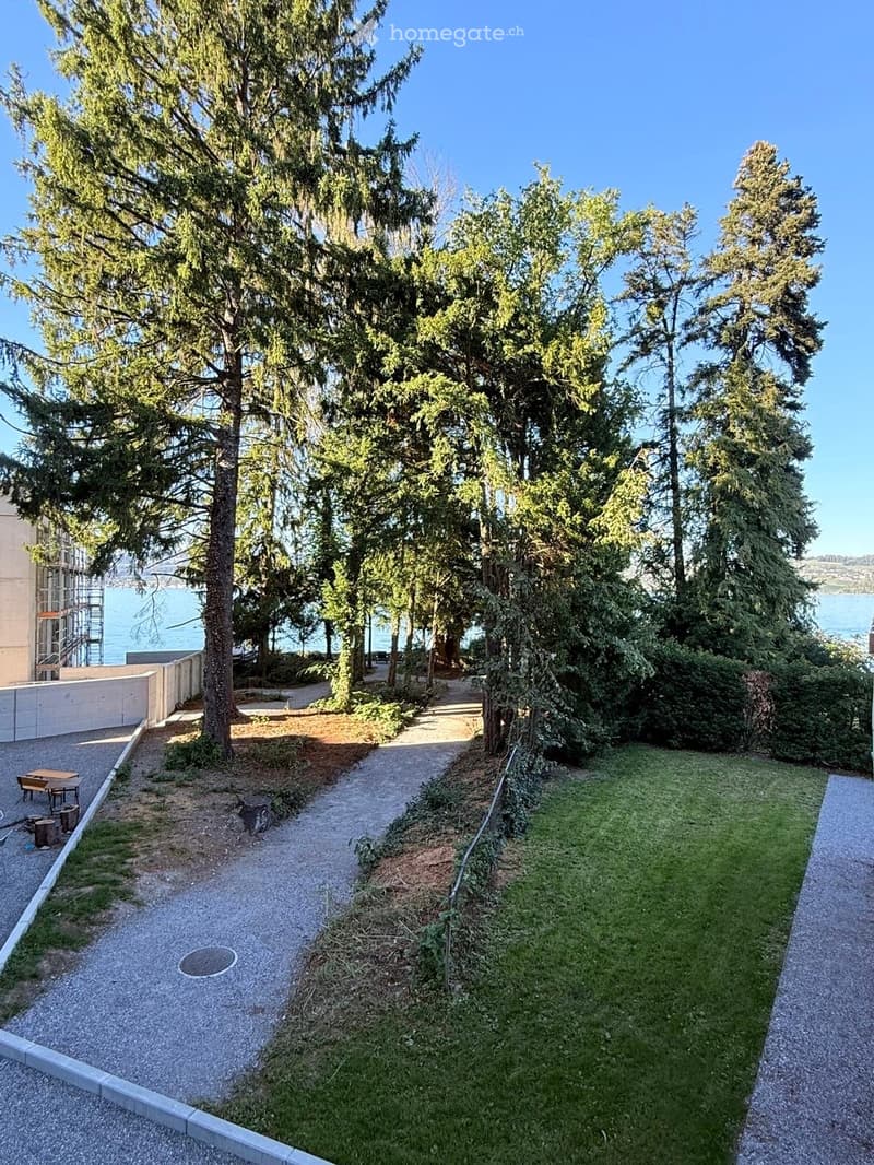 A serene garden area with a gravel pathway, lush green trees, and a view of the water in the background.