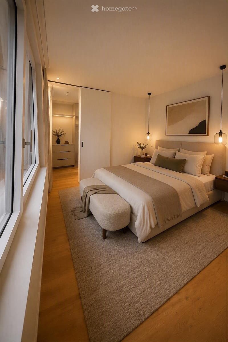 Modern bedroom with a large bed, nightstand, stool, and a view of an adjacent room with a dresser and vase.
