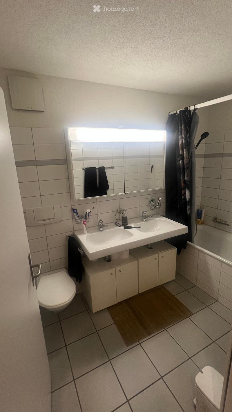 Modern bathroom with a double sink, mirror, toilet, and built-in cabinets. The floor has a mix of tiles and wood, and towels are visible on the wall.