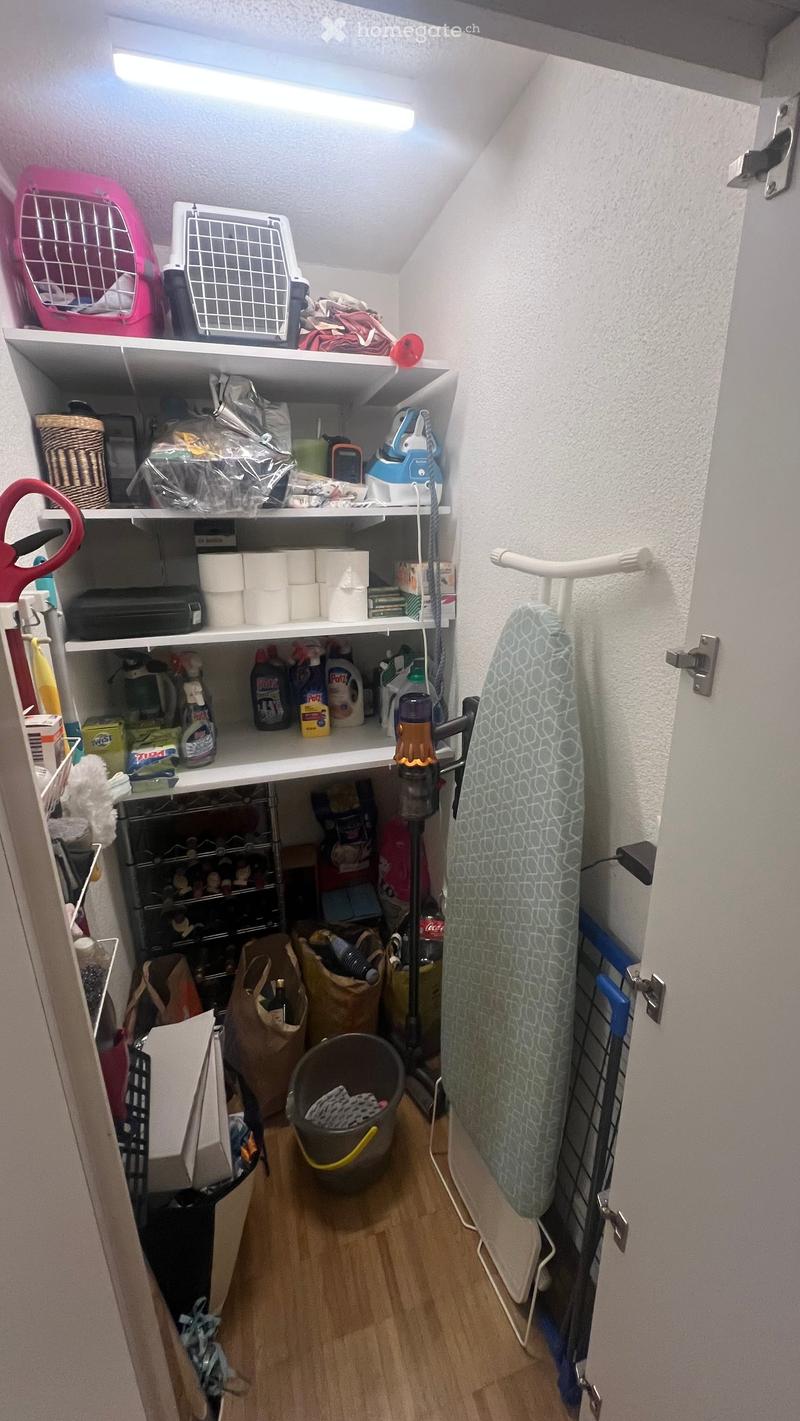 A well-organized storage room with wooden flooring, multiple shelves filled with various items including pet carriers, cleaning supplies, and a wine rack. An ironing board and iron are positioned against the wall, and a vacuum cleaner is stored nearby.