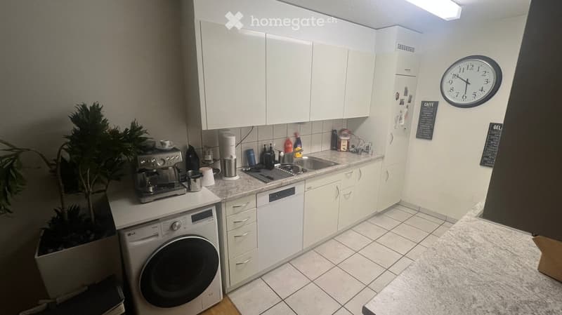Modern kitchen with white cabinets, granite countertops, stainless steel appliances, and a small plant in the corner.