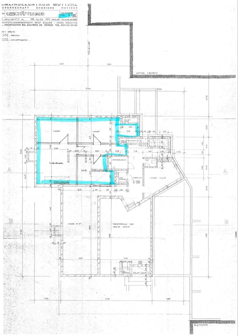 Architectural floor plan of a building, showing labeled rooms including Lager, WC, and other spaces, with dimensions and structural details.