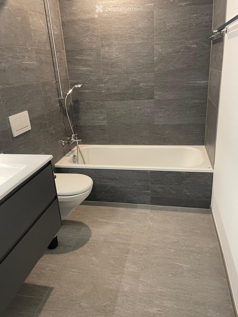 Modern bathroom with dark grey tiles, a bathtub, toilet, sink, and a chrome showerhead.
