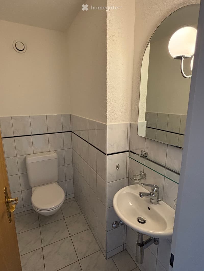 Small bathroom with white tiled walls, a toilet, a sink with a modern faucet, a mirror, and a wall-mounted light fixture.
