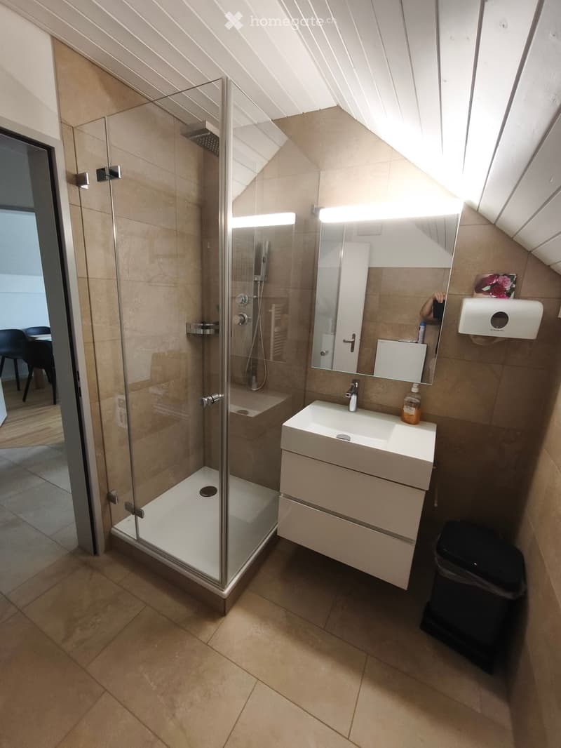 Modern bathroom with a glass-enclosed shower, a white sink with a mirror, and a hand sanitizer dispenser. The room features beige tiles and a sleek design.