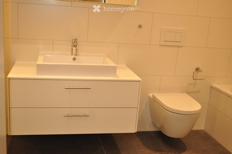 Modern bathroom with white tiles, a white sink with a chrome faucet, a white toilet, and a white cabinet with chrome handles.