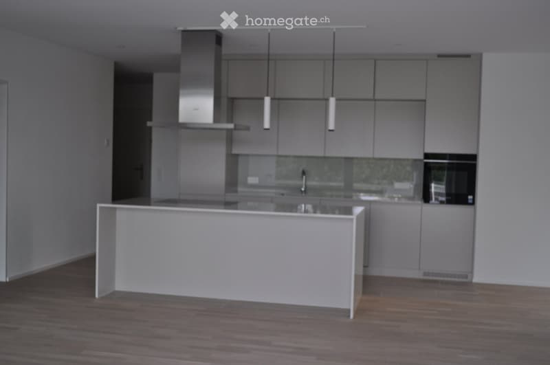 Modern kitchen with grey cabinetry, a central island, and a stainless steel range hood. The space features a sleek design with a wooden floor and pendant lights.
