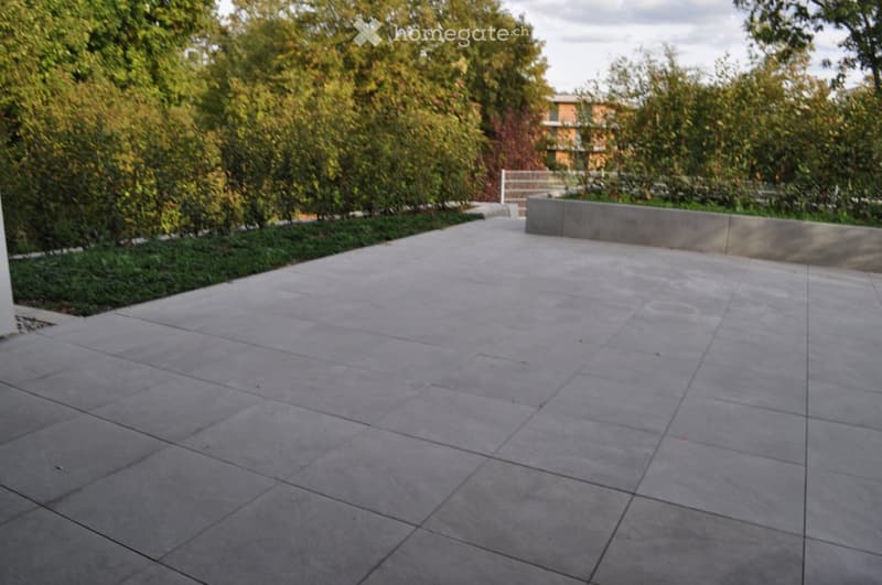A paved outdoor area with large concrete tiles, surrounded by greenery and a low concrete wall on one side.