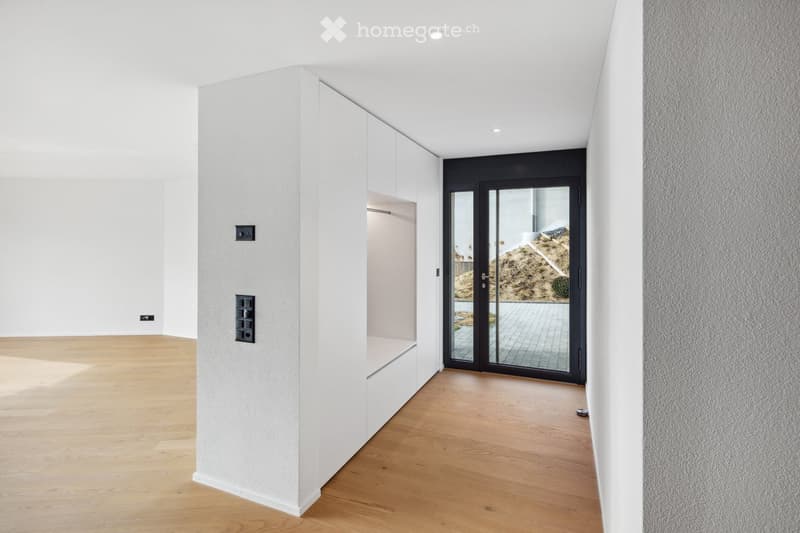 Empty room with white walls, wooden floor, and a built-in closet with a mirrored sliding door leading to an outdoor area.