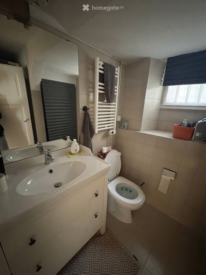 Bathroom with a white sink, toilet, mirror, and cabinet. A towel hangs on a rack, and a towel is draped over the rack. A cup and bottle are on the sink counter.