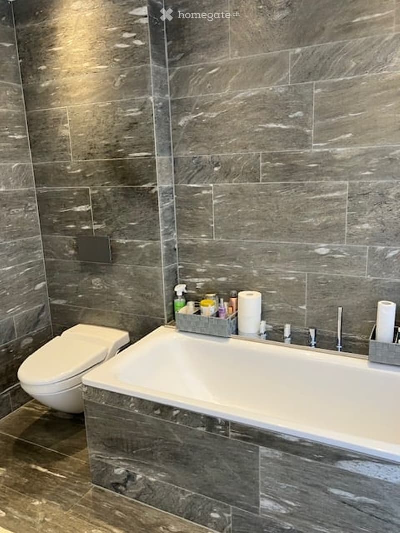 Modern bathroom with dark grey marble tiles, a large bathtub, toilet, and a tray with cleaning supplies and towels.