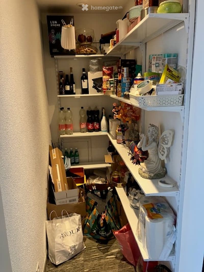 A well-stocked pantry with multiple shelves filled with various food items, bottles, and household supplies. There are shopping bags on the floor and a decorative figurine on one of the shelves.