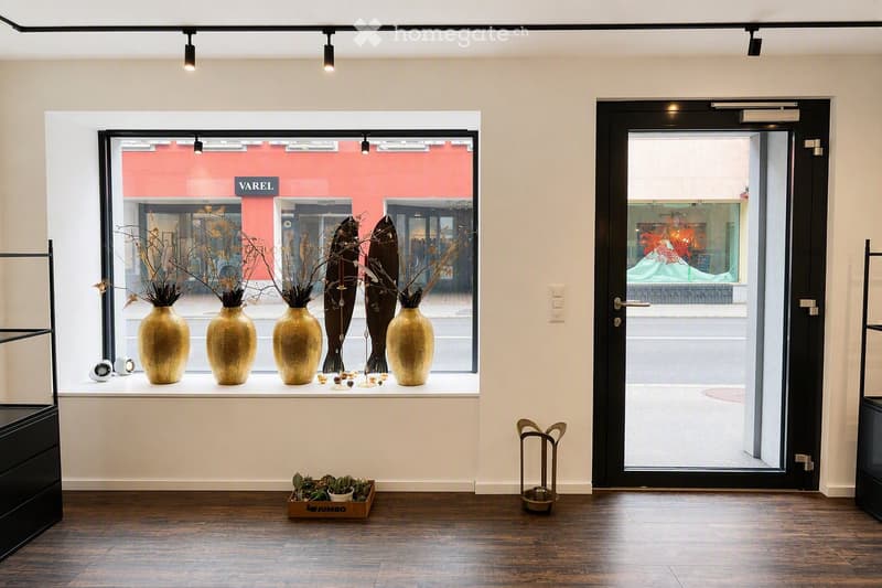 A modern, minimalistic room with wooden flooring, large window displaying golden vases and candle holders, small potted cactus on a wooden tray, and a sleek black door leading outside.